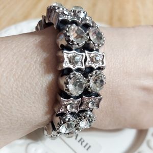 Jacarii Silver/Black Leather Faceted Crystal Bracelet